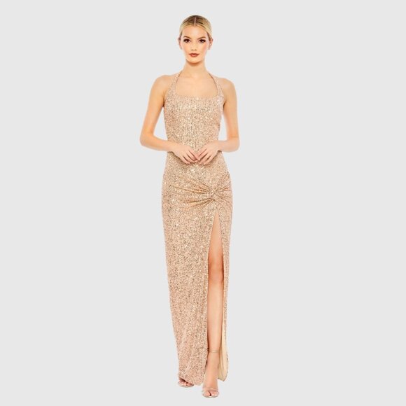 Mac Duggal Dresses & Skirts - NWT Mac Duggal Sequined Halter Strap Low Side Knot Gown Rose Gold 6